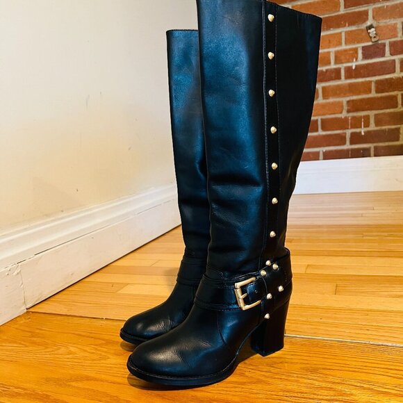MICHAEL KORS BLACK LEATHER KNEE HIGH BOOTS WITH BUCKLE & RIVETS SZ 8 M - Picture 1 of 16